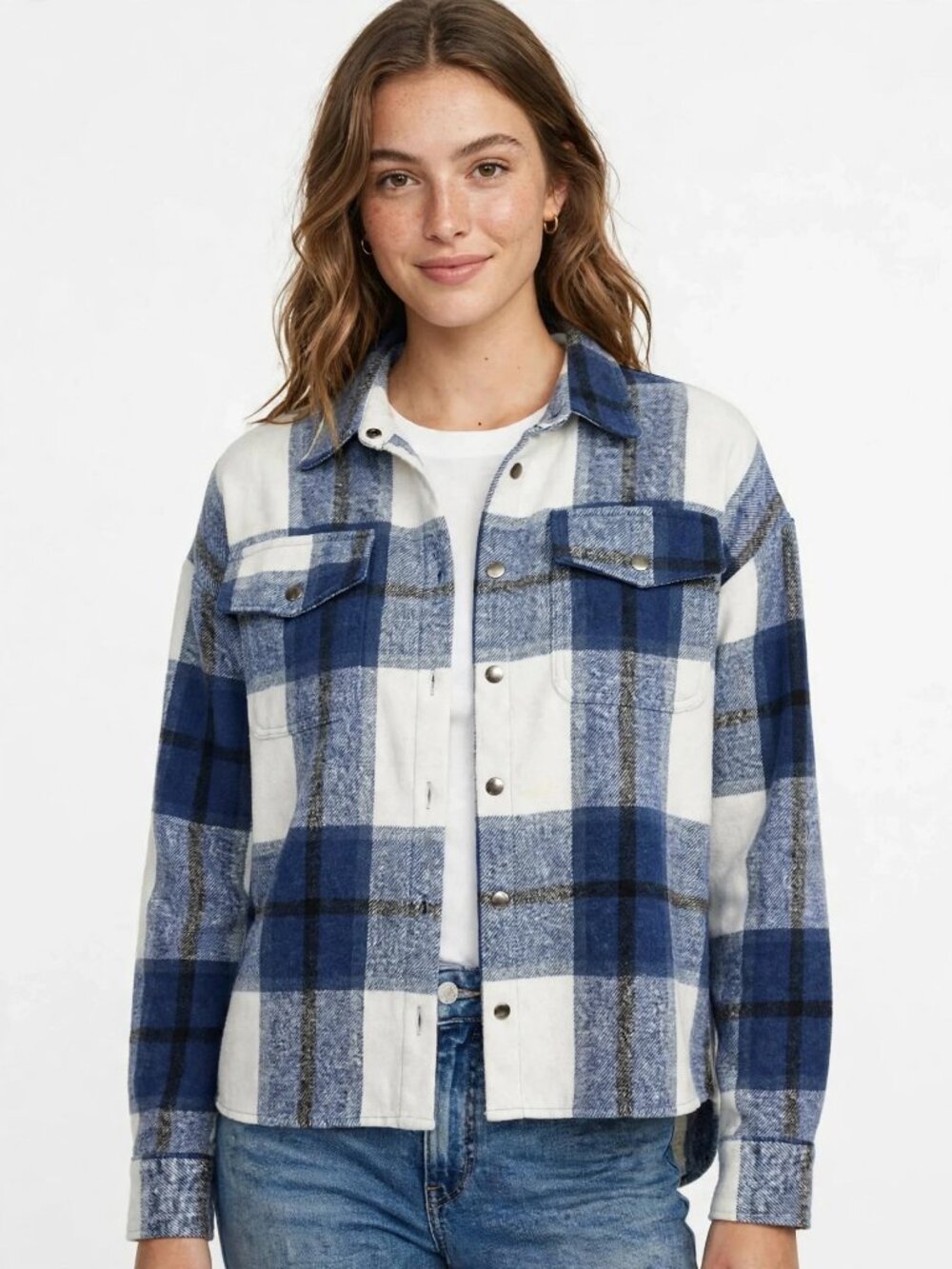 SHEIN S Blue White Plaid Flannel Shacket Button Up cottagecore coastal GOOD